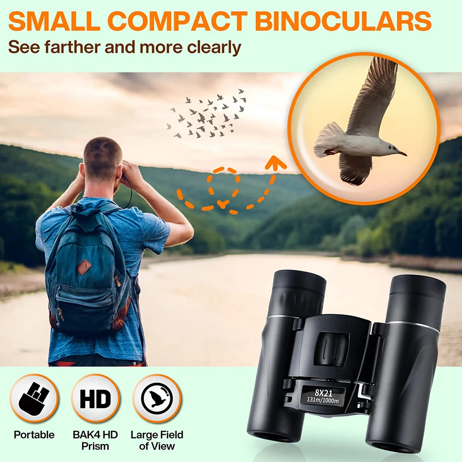 Binoculars 8x21 HD Imaging Adjustable Zoom Pocket Designed for Travel, Hiking, Birdwatching and Concerts