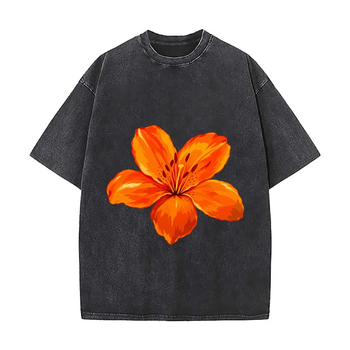 Vibrant Orange Lily Flower Botanical Illustration Washed Short Sleeve Loose Streetwear Tee Hip Hop