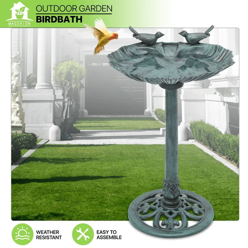 31.5" Bird Bath and Pond Fountain Combo, Lotus Flower Bowl with Bird Statue, Weatherproof Pedestal Bird Bath Fountain for Garden