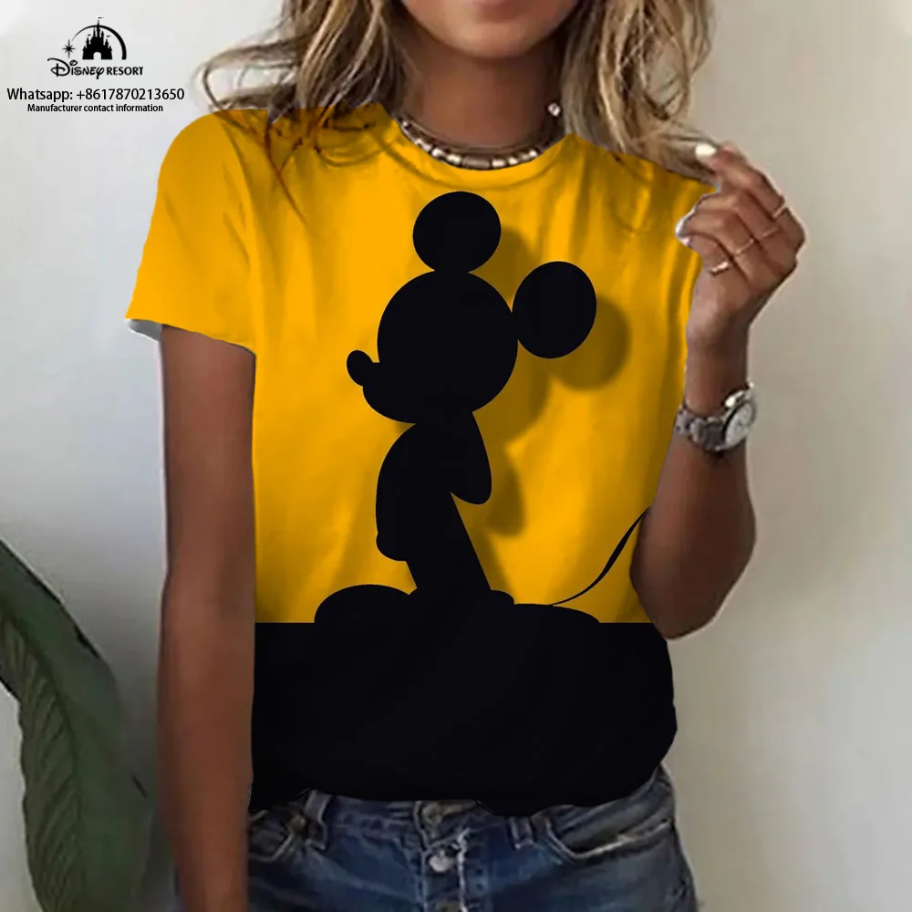 

2024 Summer Mickey Minnie Animation New Women's Round Neck T-shirt Fashion Casual Harajuku Children's Top Ins Style Y2K