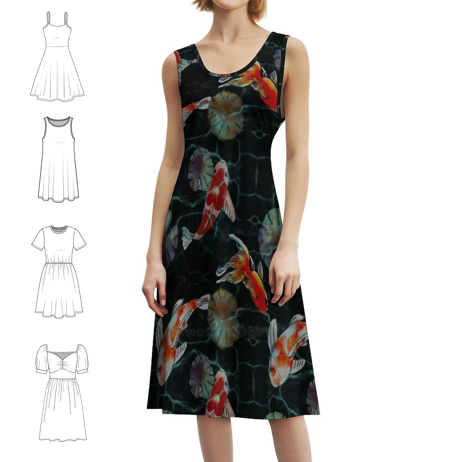 Black Koi Fish Greenery Sweetheart Neckline Dress Elegant Summer Party Dress For Women Koi Fish Japan Japanese Dark Blue White