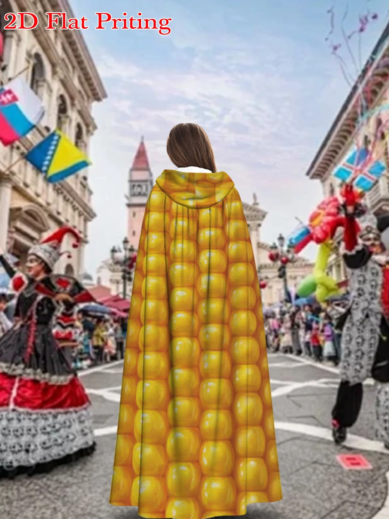 Hooded Cape 2D Flat Is a Popular Hooded Cape Featuring a Close-Up Yellow Corn Pattern Made of Polyester Fiber