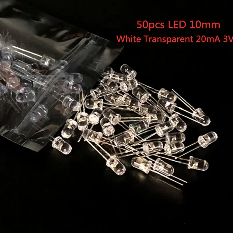 50pcs LED 10mm White Transparent 20mA 3V Ultra Bright Round  Emitting Diode Lamp Water Clear Through Hole Bulb10 mm LED Light