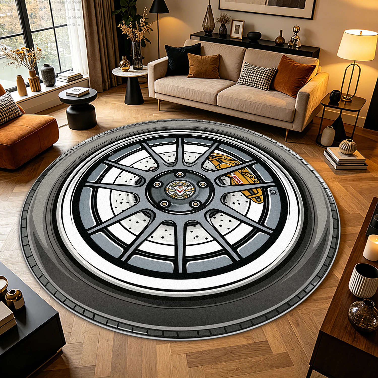 3D Black Car Wheel Round Carpet Modern Automotive Living Room Area Rug Soft Non-slip Washable Bedroom Floor Mats Decoration Home