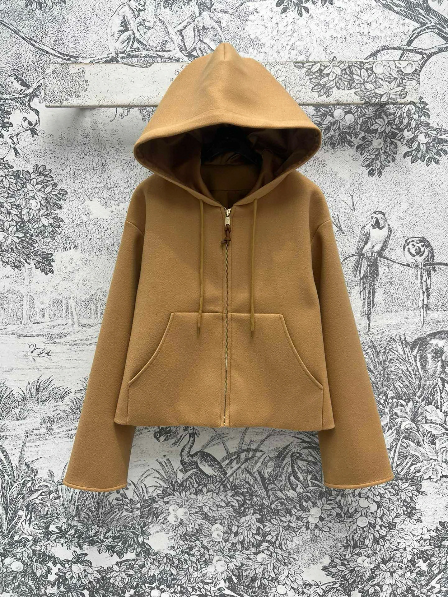 Autumn and winter new women's wool hooded zipper hoodie coat warm soft khaki simple casual everyday