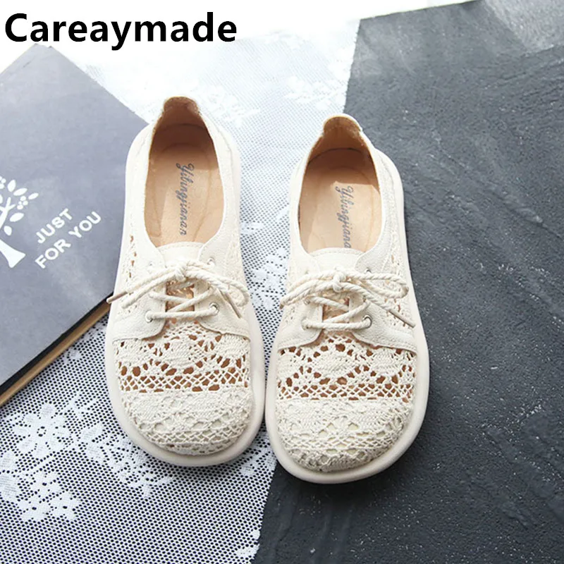 Careaymade-Artistic cotton linen lace mesh women's shoes Summer beach shoes Bohemian single shoes Women's small white shoes