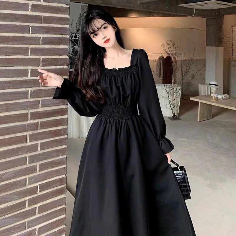 Schwarze Vintage elegante lange Kleider Frauen Frühling Herbst quadratischen Kragen alle passen Mode Kleider koreanische lässige weibliche Vestidos