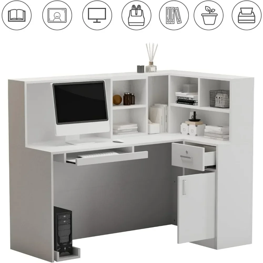 Reception Desk with Counter Drawers & Storage Shelves,L-Shaped Reception Counter Table for Salon Reception Room Checkout Office