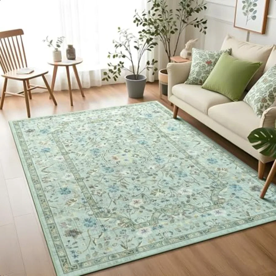 

3x5 Area Rug for Bedroom Washable Rugs for Living Room Laundry Kitchen Floral Indoor Non Slip Carpet Farmhouse Green Throw Car