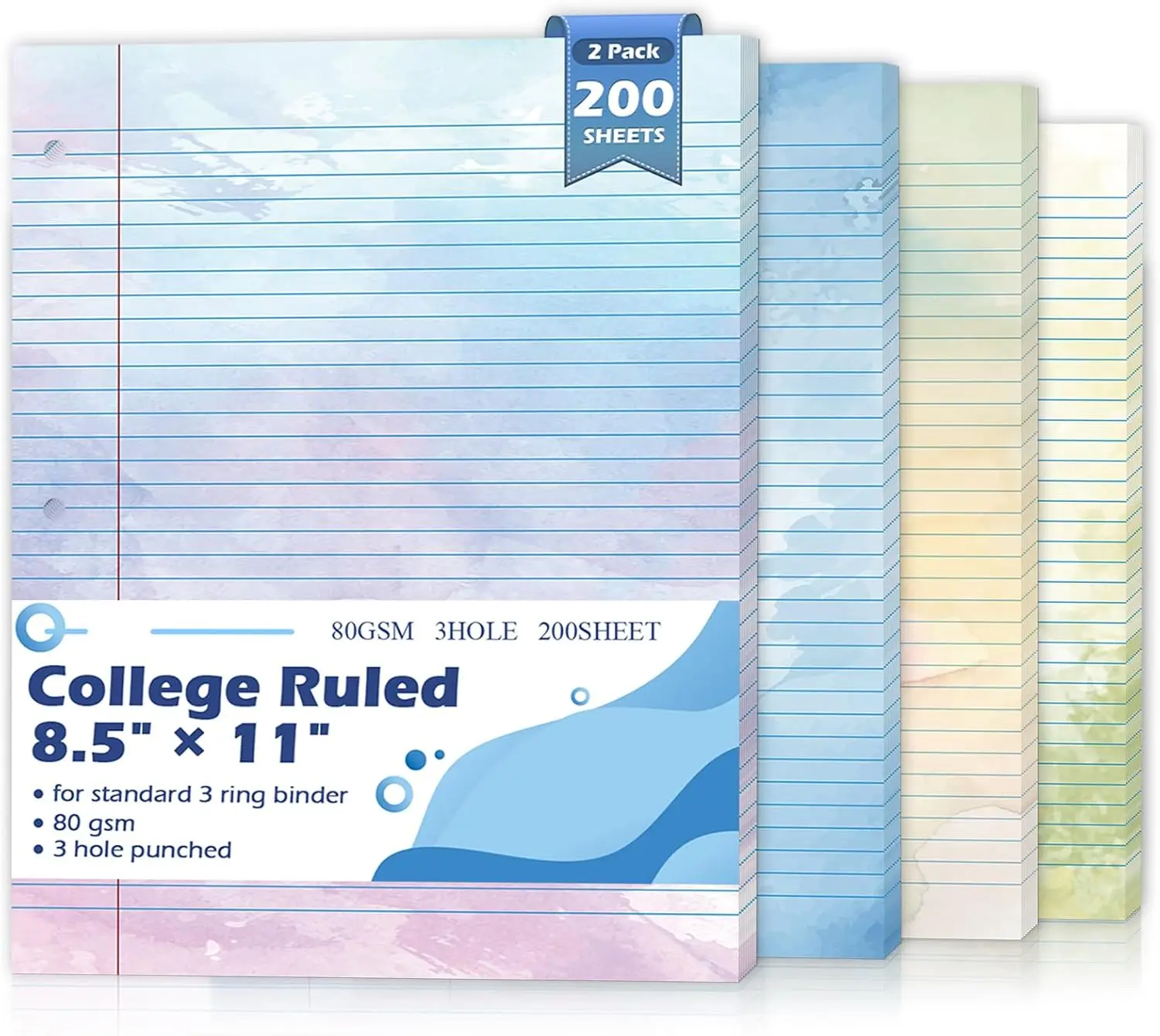

200 Sheets Colored Loose Leaf Paper College Ruled for 3-Ring Binder 8.5x11 with Watercolor Gradient, 80gsm