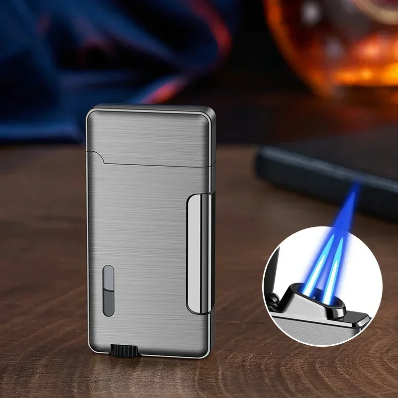 Metal Butane Gas Lighter Windproof Blue Torch Jet Drouble Fire Turbo Lighters Visible Oil Tank Cigar Smoking Accessories Outdoor