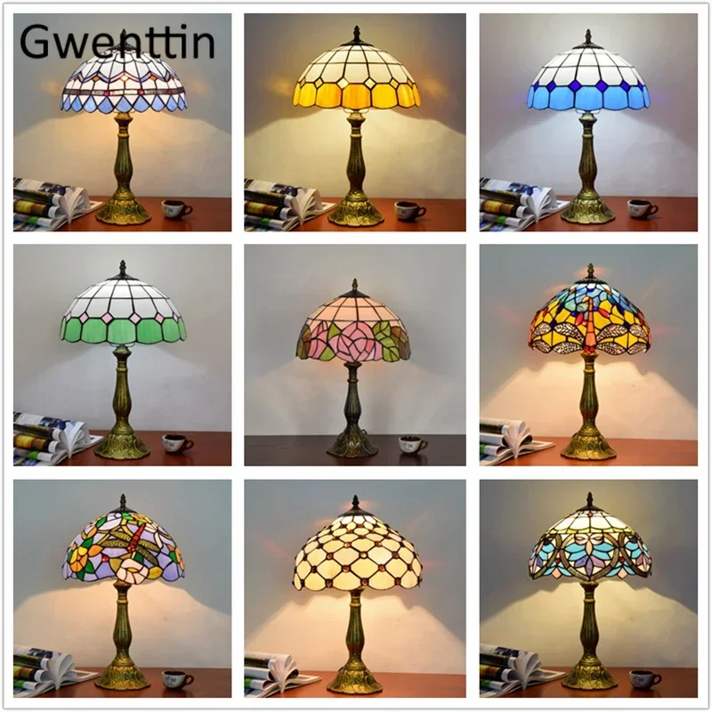 

Tiffany Table Lamps for Bedroom Bed Lamp Mediterranean Stained Glass Lighting Fixtures LED Standing Desk Floor Home Decoration