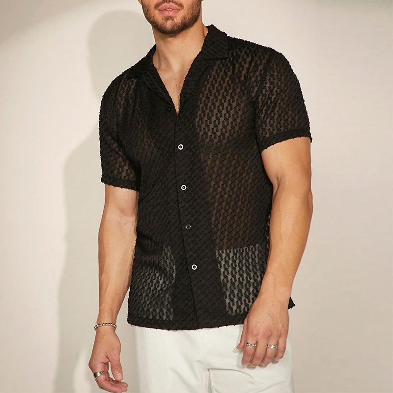 2024 Summer Beach Sexy Mens Mesh Shirts Vintage Crochet Hollow Out Breathable Shirt For Men Trendy Short Sleeve Lapel Cardigan