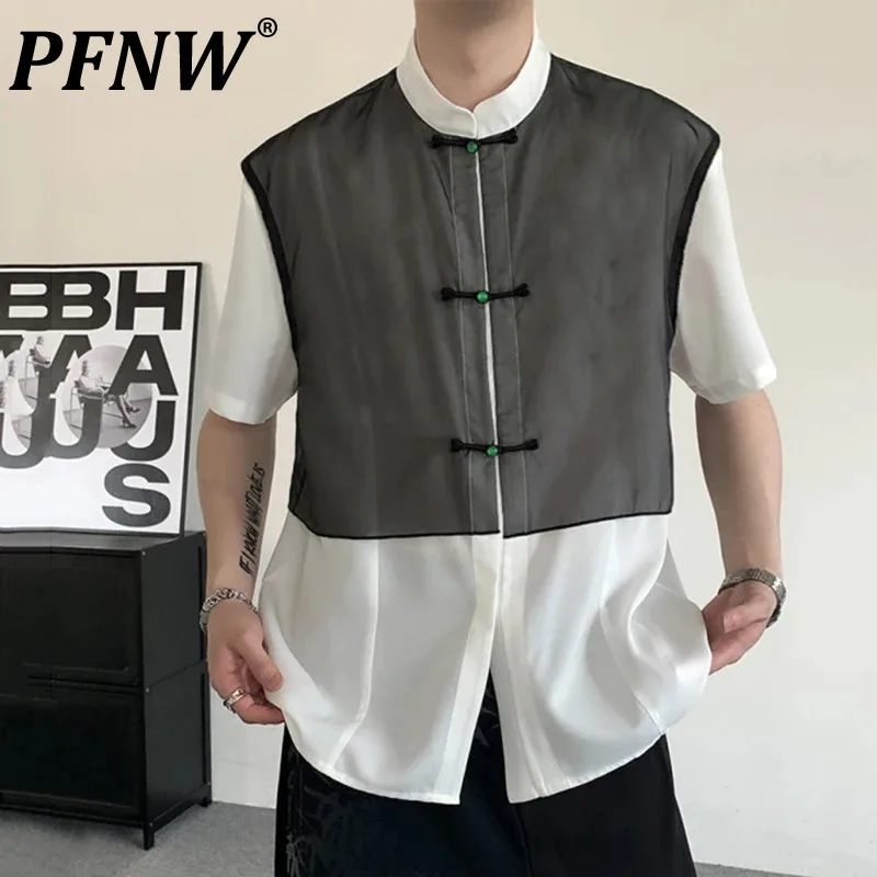 

PFNW New Trend Men's Shirts Stand Collar Patchwork Knot Button Short Sleeve Contrast Color Male Single Breasted Tops 2024 12C948