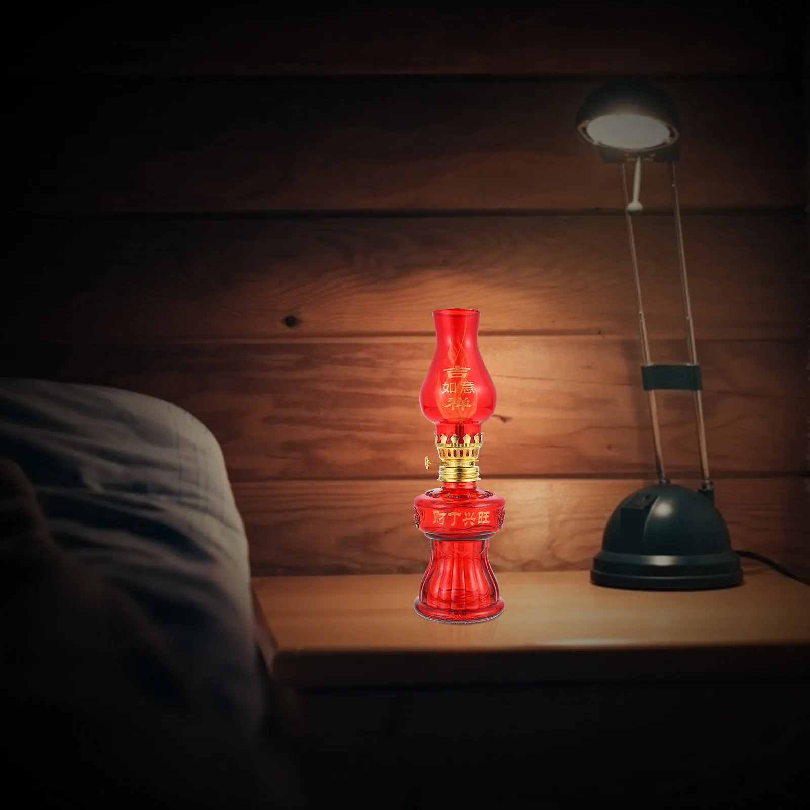 

1Pcs Chinese Style Red Glass Oil Lamp Transparent Alloy Wick Decorative Light for Household Wedding Events
