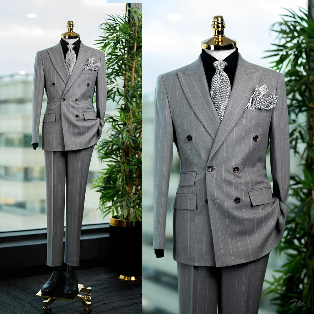 Classic Grey Pinstripe Double Breasted Men's 2 Piece Suit with Peak Lapel and Flap Pockets Formal Business Custom Made M264707