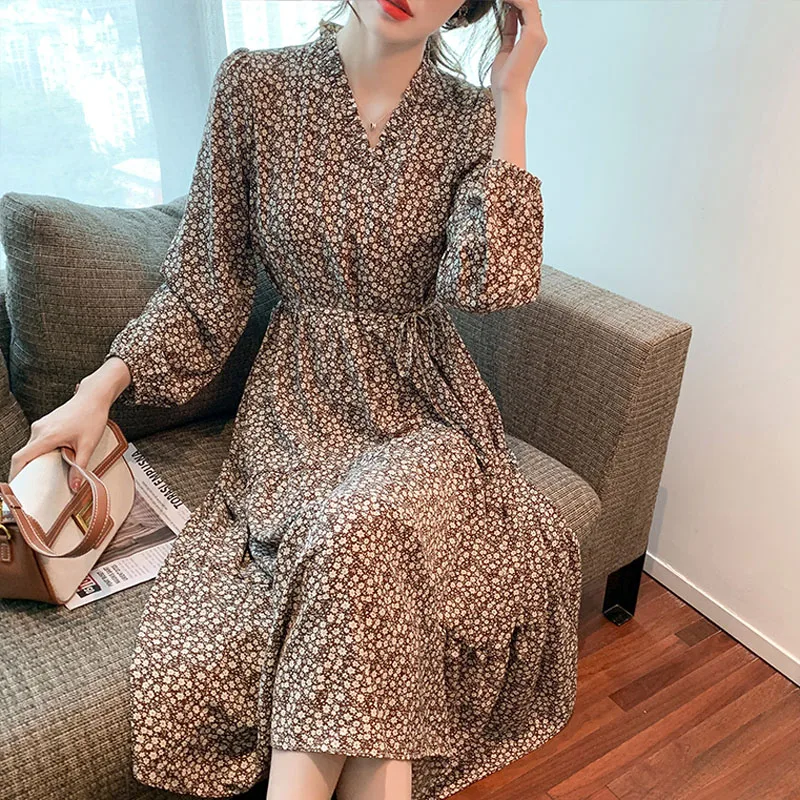 

Spot Spring 2022 New Fashion V-neck Chiffon Long Sleeve Floral A-line Dresses for Women Lantern Sleeve Vintage Elegantes 1656