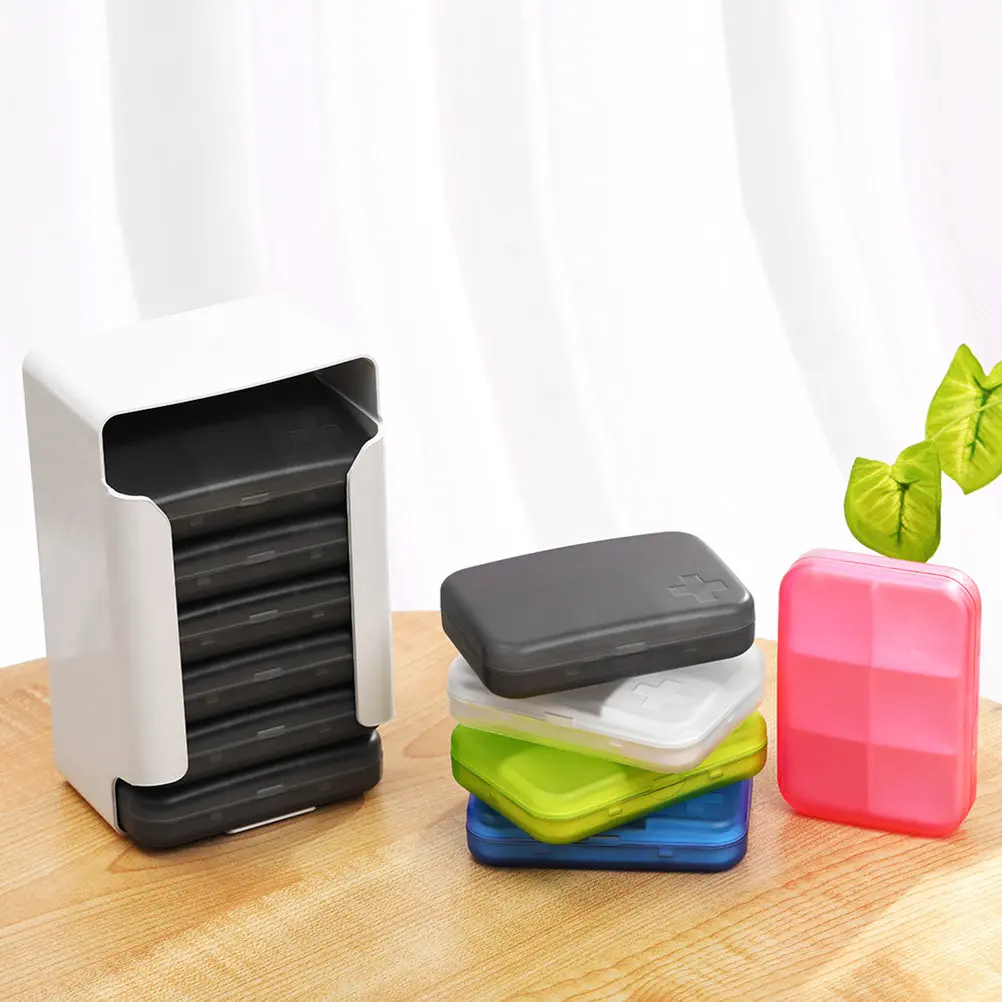 

Набор из 7-ярусных дорожных контейнеров для таблеток, 42 отделения, портативный органайзер для лекарств, для капсул и таблеток, легко носить с собой, съемные секции, легкий вес