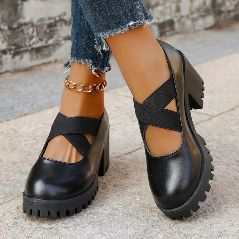 Retro Fashion Thick Bottom Black Leather Pumps Shoes Waterproof Platform Chunky High Heel Large Size Spring Women's Single Shoes