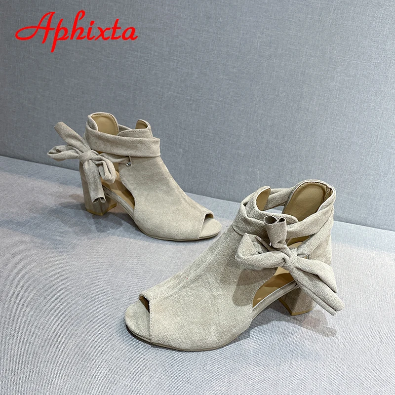 Aphixta Summer Peep Toe Cool stivali da donna sandali con lacci tacchi quadrati scarpe a rosetta a fascia stretta taglie forti 43