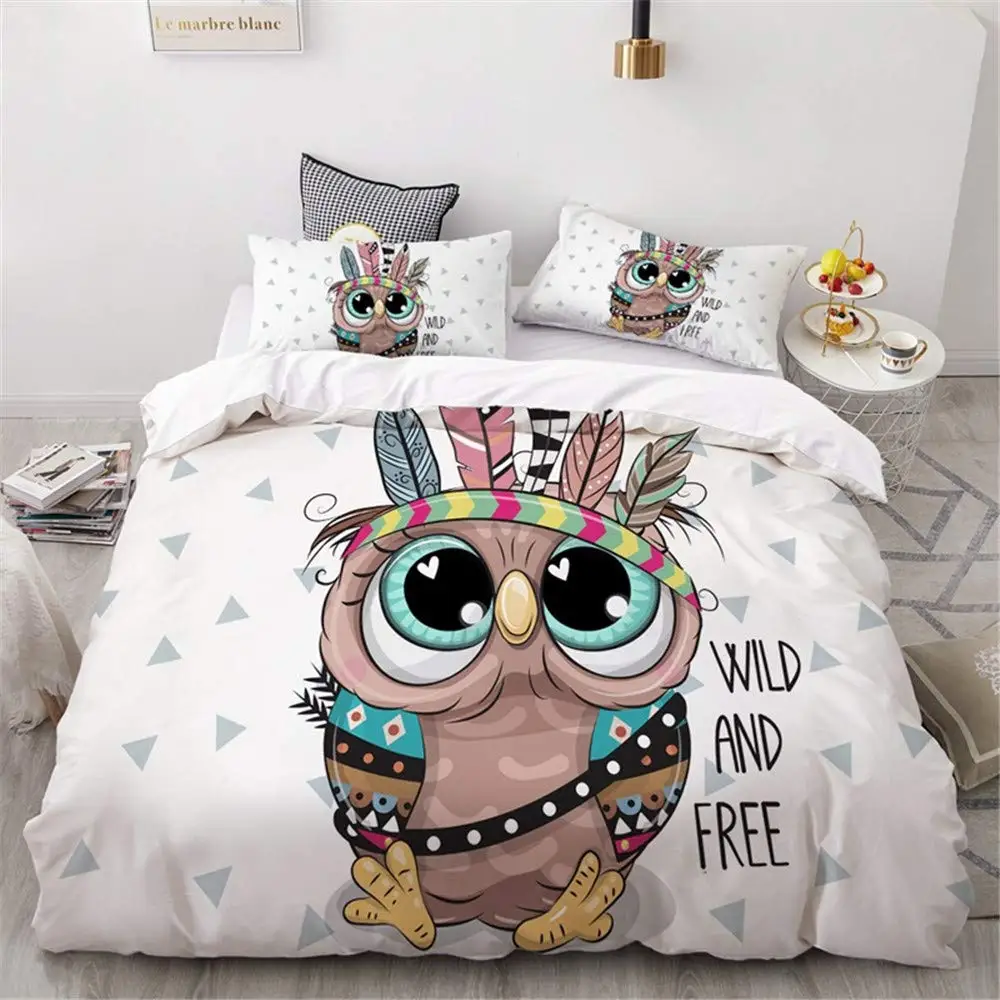 Cartoon Owl Duvet Cover for Girls Boys Brown Tribal Style Owl with Feather Animals for Kids Girls Home Decoration Birthday Gifts