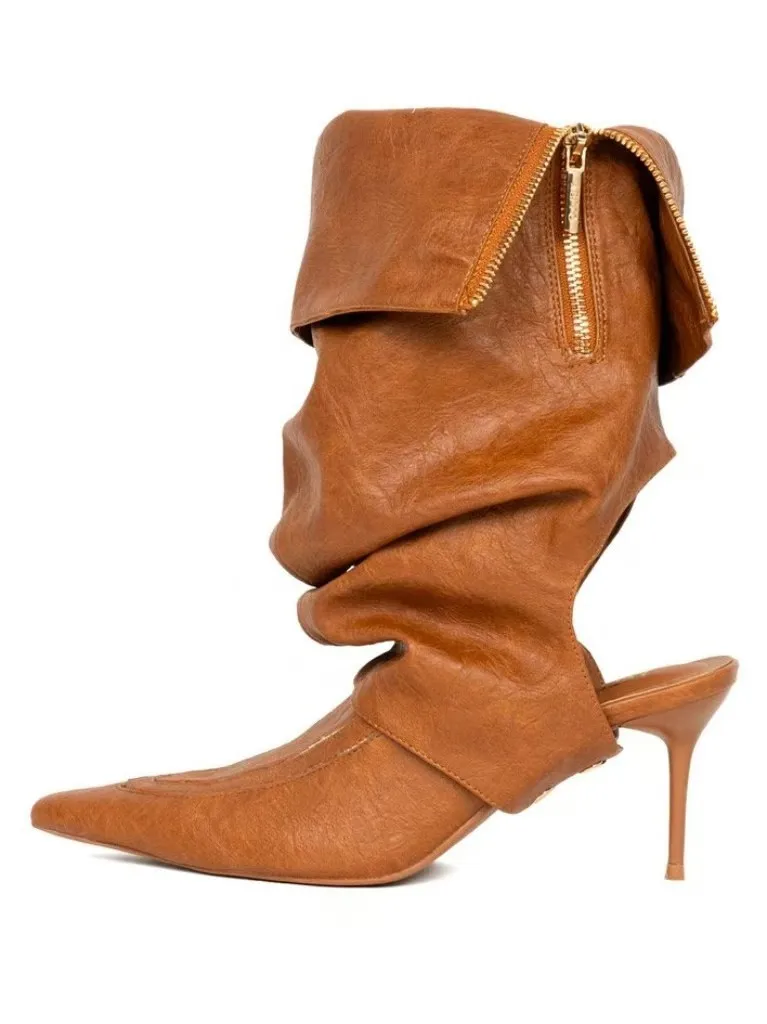 

Женские 2026 новые сексуальные складчатые коричневые ботильоны на голом каблуке, кожаные ботильоны с острым носком, большие размеры, ботильоны на высоком каблуке, роскошная дизайнерская обувь