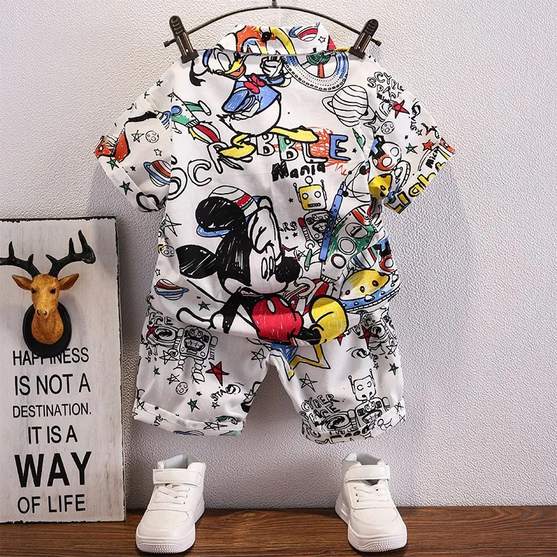 Summer Kids Mickey cartoon T-shirt Sets Clothes Boys Girls Fashion Graffiti Turn-Down Shirts And Pants Suits Sets for children