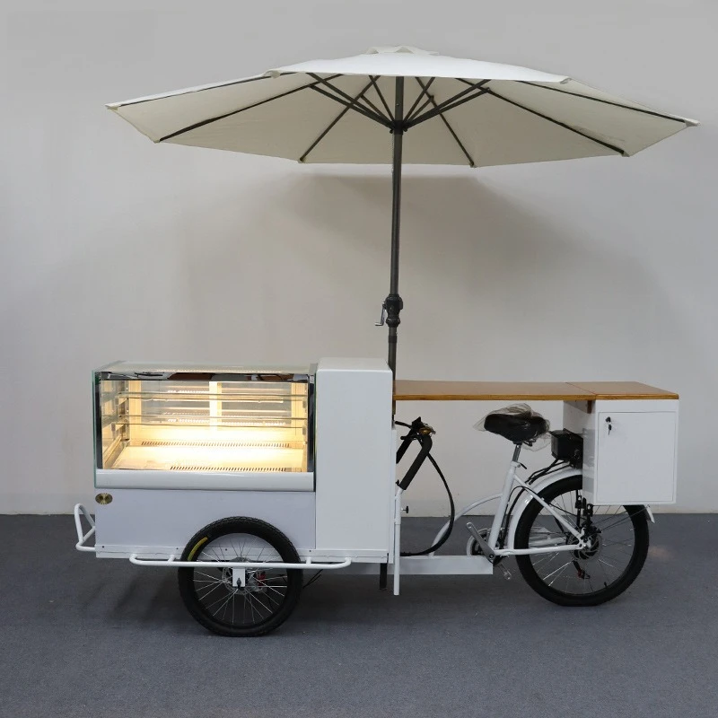 Square Tiramisu Cart Commercial Cake Dessert Stall Car Movable Refrigerated Cabinet Three Wheels Snack Cart