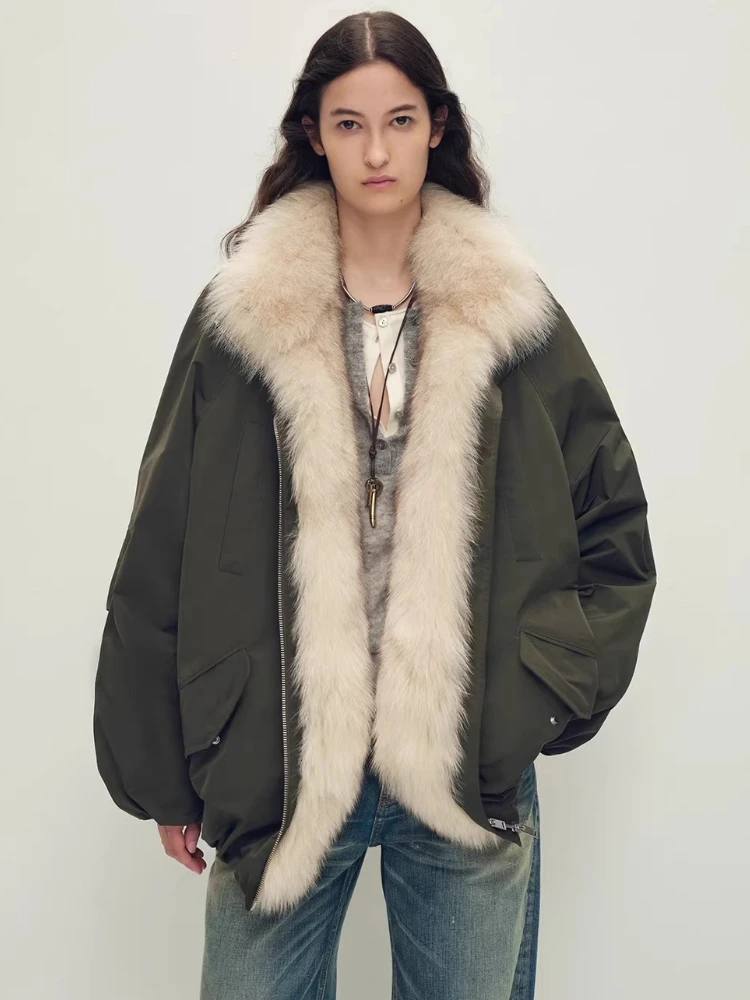 

Natural Fox Fur Collar Goose Down Jackets for Women High-end Simple Stand Collar Loose Fluffy Warm Winter Real Fur Down Coat
