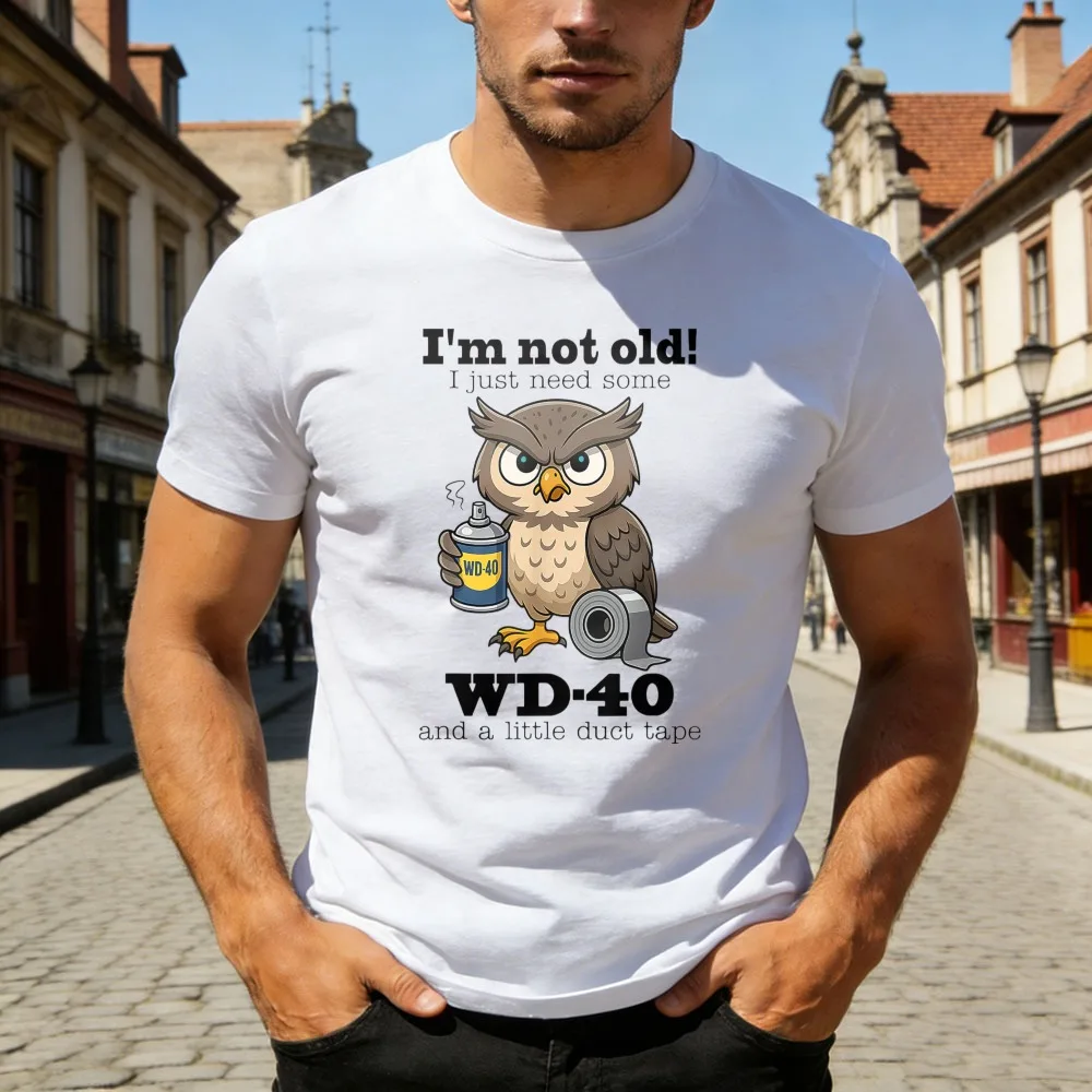 

Owl I'm Not Old I Just Need Some WD-40 & A Little Duct Tape T-Shirt Cool Owl Print Clothes Cute Animal Pattern Print Shirt