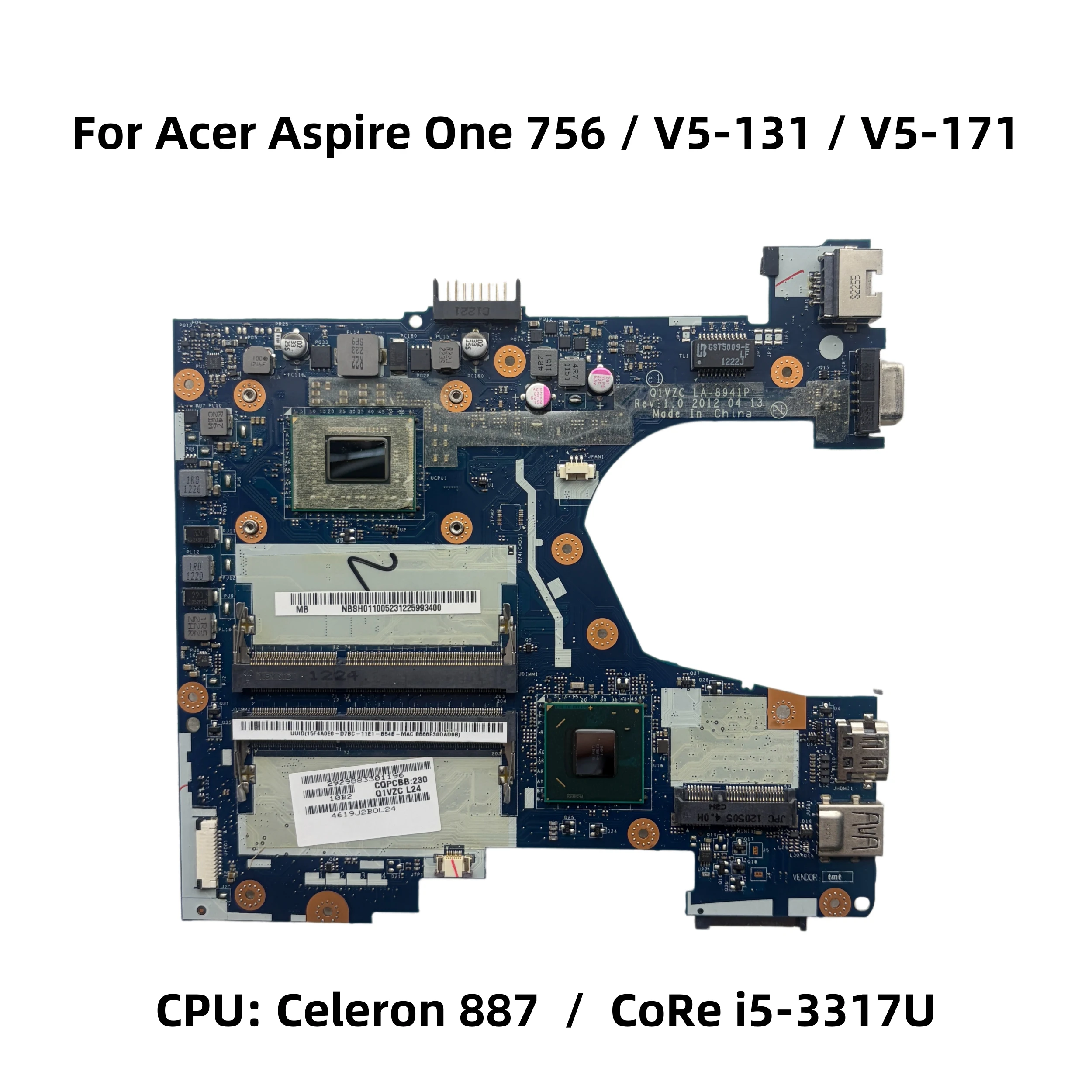 Placa-mãe para laptop Acer Aspire One 756 V5-131 V5-171 com CPU Celeron 887 CoRe i5-3317U DDR3 Q1VZC LA-8941P LA-8943P