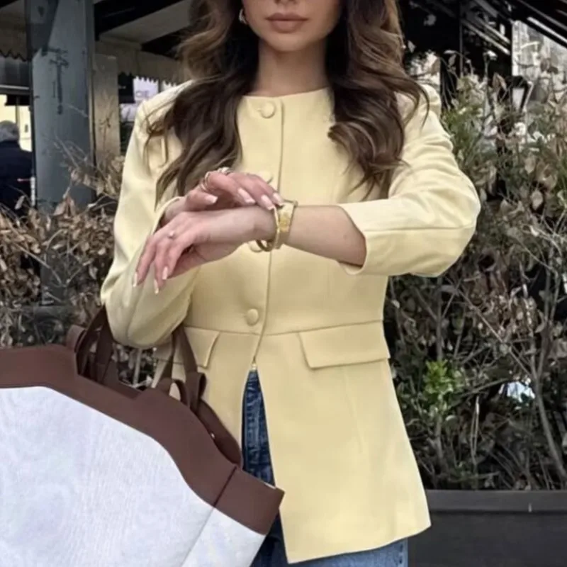 

2025 женская однобортная однобортная однотонная верхняя одежда в Корейском стиле ретро с круглым вырезом и длинными рукавами, повседневная уличная одежда, повседневная одежда