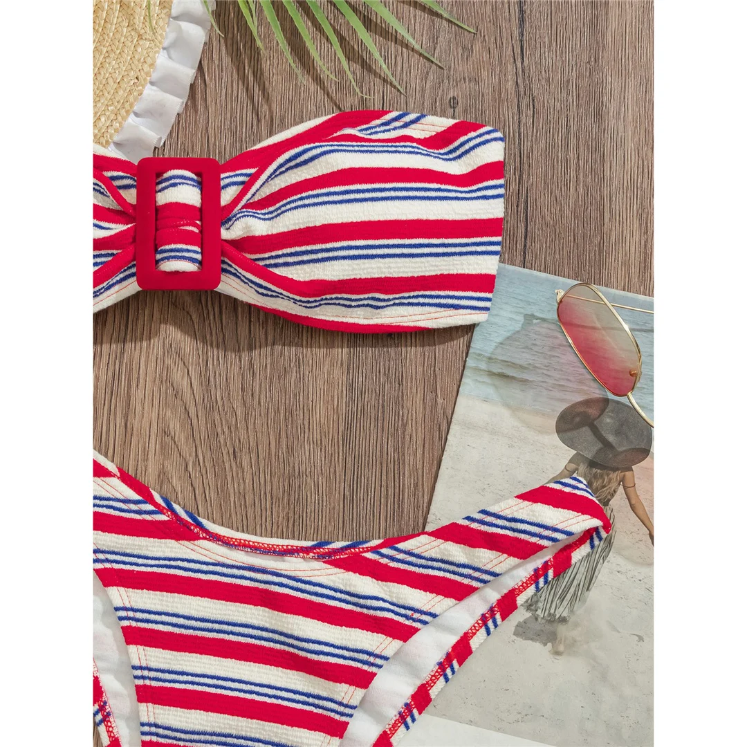Sexy gestreifter Bandeau-Bikini, Damen-Badeanzug, zweiteiliges Bikini-Set, brasilianischer Badeanzug mit Polsterung, Badebekleidung, Schwimmanzug V7790 – Detail 7