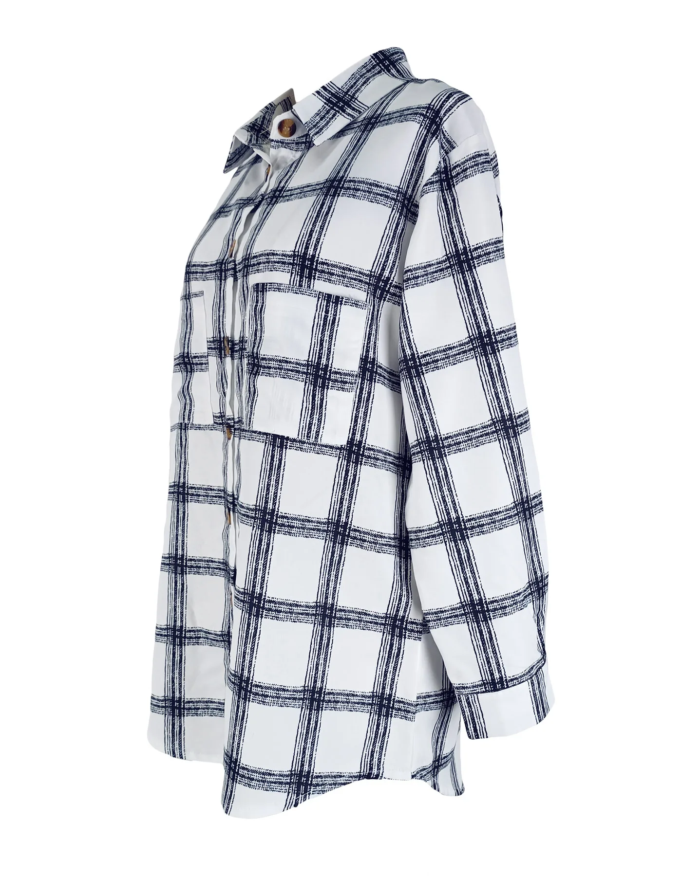 Damen Freizeithemd Schwarz-Weiß Kariert mit Knöpfen Langarm-Bluse mit Taschen Modische Koreanische Frühlings- und Sommerkleidung – Detail 8