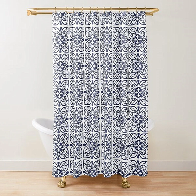 Moroccan Trellis Lattice Pattern Shower Curtain,Indigo Navy Blue White Vintage Geometric Lattice Bathroom Curtains with Hooks