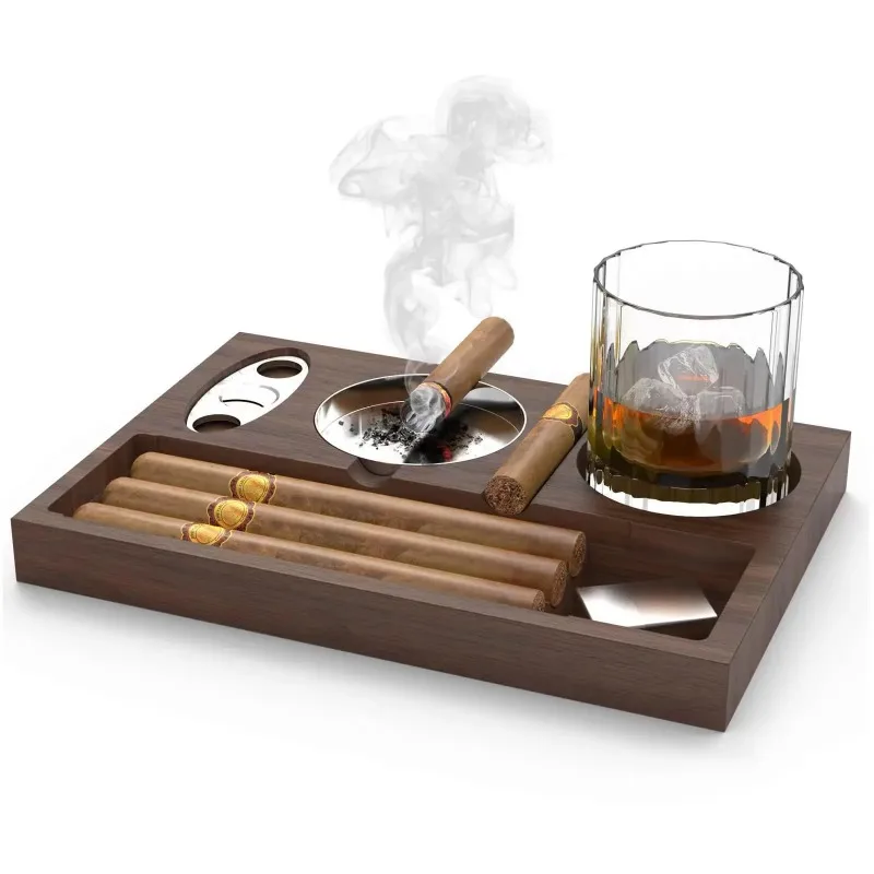 

Wooden ashtray European table cigar tray Multi-functional home decoration Whiskey glass holder ashtray decoration plate
