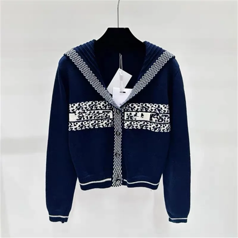 Navy Style Autumn and Winter New Navy Collar Letter Jacquard Tencel Wool Jacket Versatile Knitted Cardigan Women