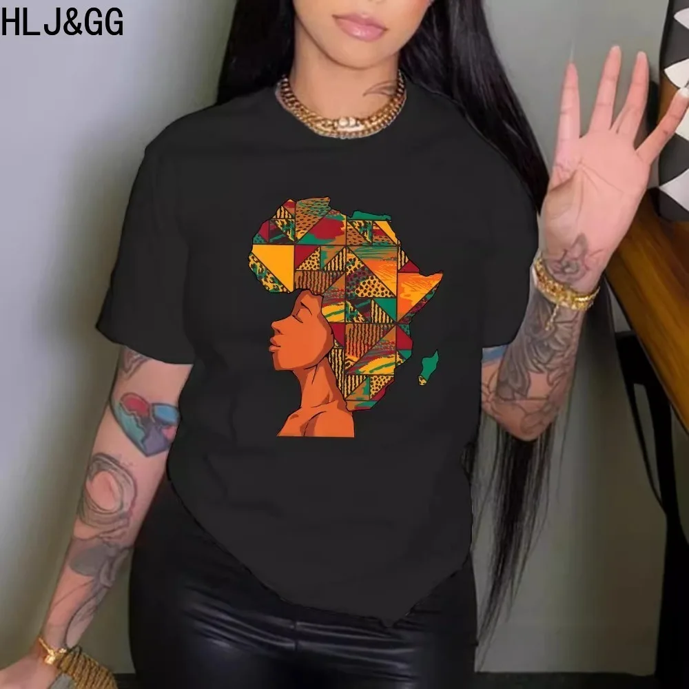 Hlj & Gg Zwarte Zomer Nieuwe Afrikaanse Patroonprint T-Shirts Vrouwen Ronde Hals Korte Mouw Slanke Tops Casual Dames Bijpassende Kleding