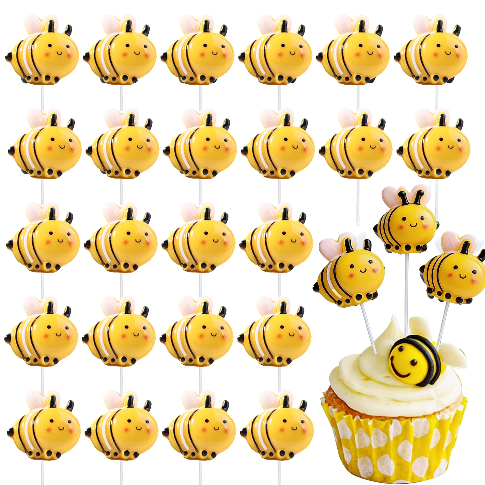 12/24pcs Bee Cake Topper Cute Bee Miniature Figurine For Kids Birthday Party Supplies Jungle Honeybee Theme Party Cupcake Decors