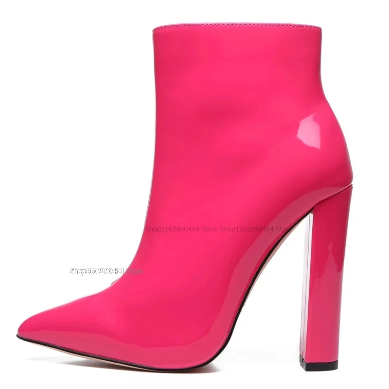 Botas puntiagudas de charol Para mujer, Zapatos de media pantorrilla con cremallera lateral, tacones altos gruesos, a la moda, color rojo y rosa, 2023