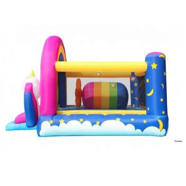 dazzling rainbow used commercial bounce house inflatable jumping castle, cheap unicorn bouncy castle with slide for sale