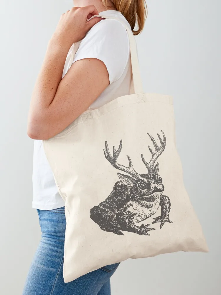 Cottagecore Frog with Antlers: Vintage Fairycore Toad with Horns and Ears Tote Bag Shopper Canvas Tote Bag