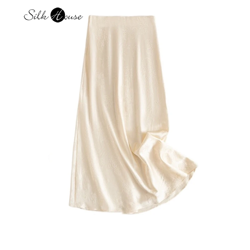 

Temperament Oblique Cutting 93% Natural Mulberry Silk GuanLe Satin Elastic Waist Versatile Beige Women's Hip Hugging Skirt