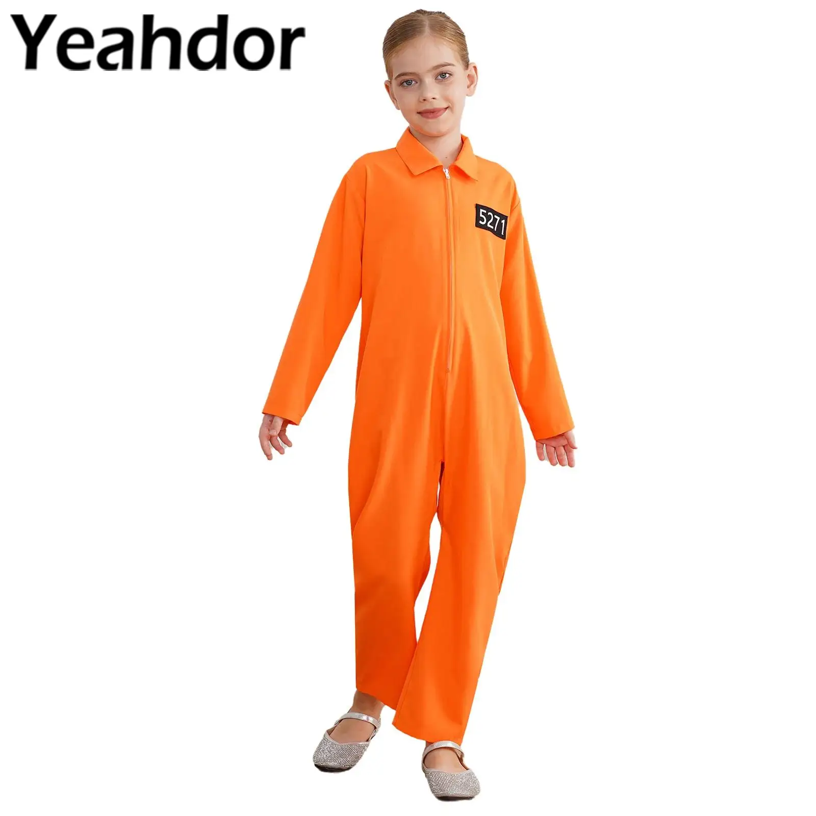 Kids Prisoner Costume for Boys Girls Orange Jailbird Jumpsuit Long Sleeve Front Zipper Overalls for Halloween Carnival Cosplay