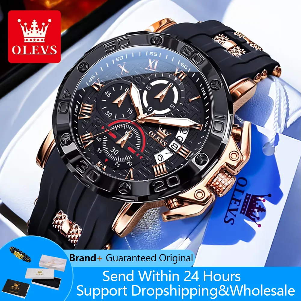 

OLEVS 9986 Спортивные мужские часы с силиконовым ремешком и календарем, водонепроницаемые оригинальные кварцевые часы для мужчин, 51 мм, мужские наручные часы с большим циферблатом