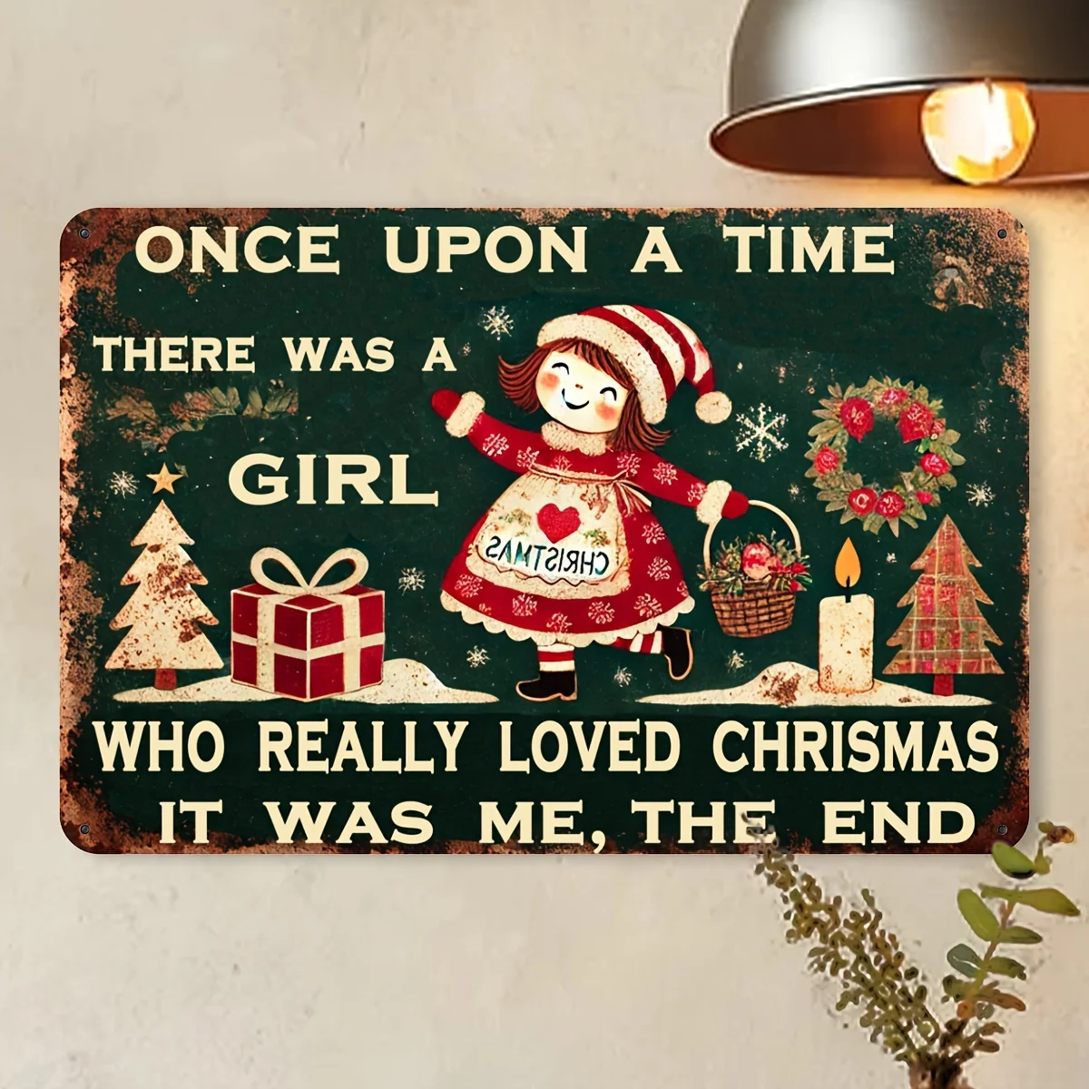 Vintage 'Once Upon A Time, There Was Girl Who Loved Christmas' Metal Sign - Festive Santa,Snowflake Design, for Home,Gar