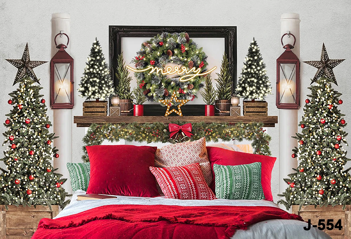 Christmas HeadBoard Photography Backdrop Baby Portrait Photographic Wreath Bed Wooden Wall Decor Family Kids Photo Studio