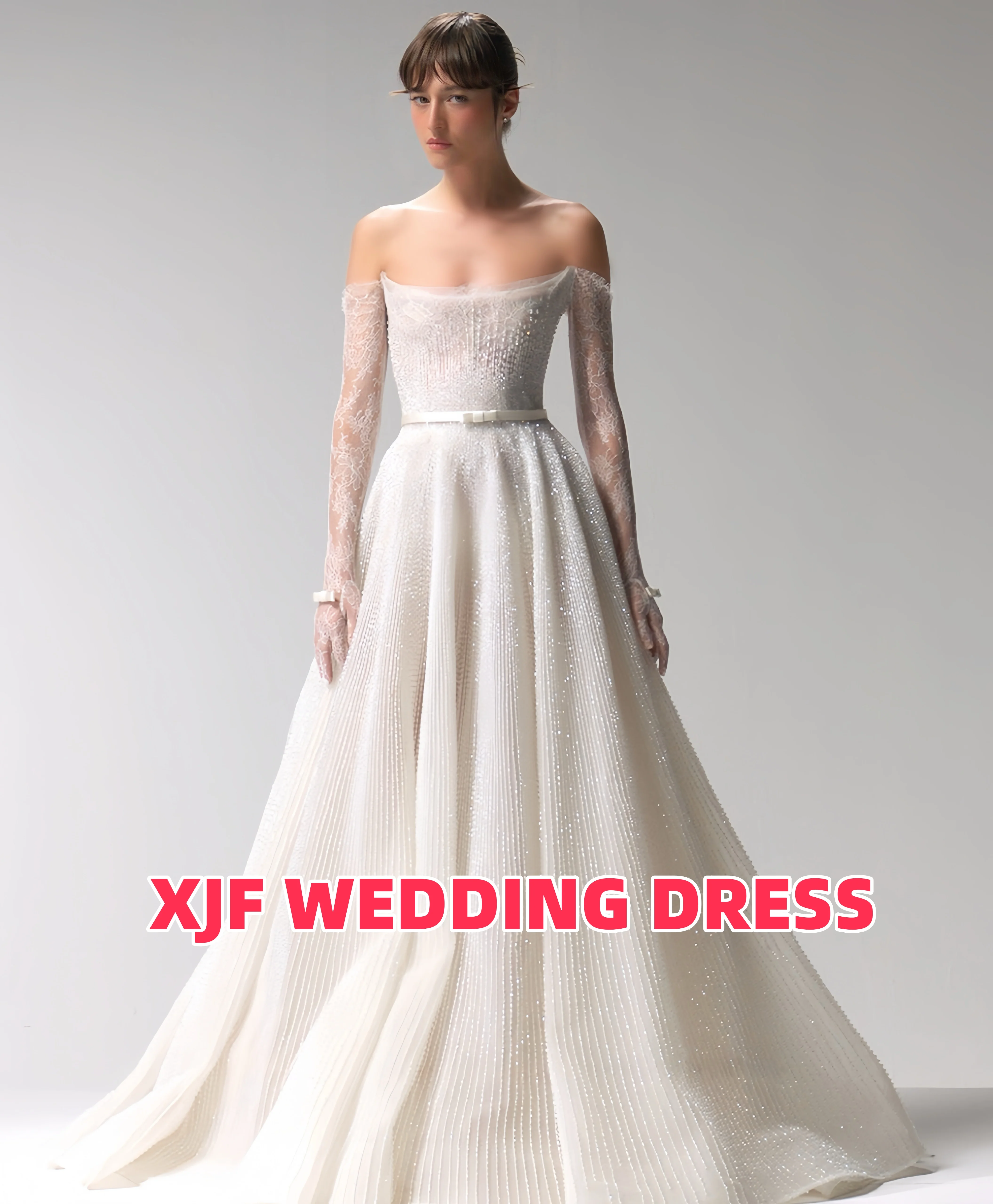 カスタムメイドの豪華なパール付きウェディングドレス、ストラップレス、ロングスリーブ、Aライン、ローブ・ド・マリー、ウェディングドレス、ベスティドス・デ・ノビア