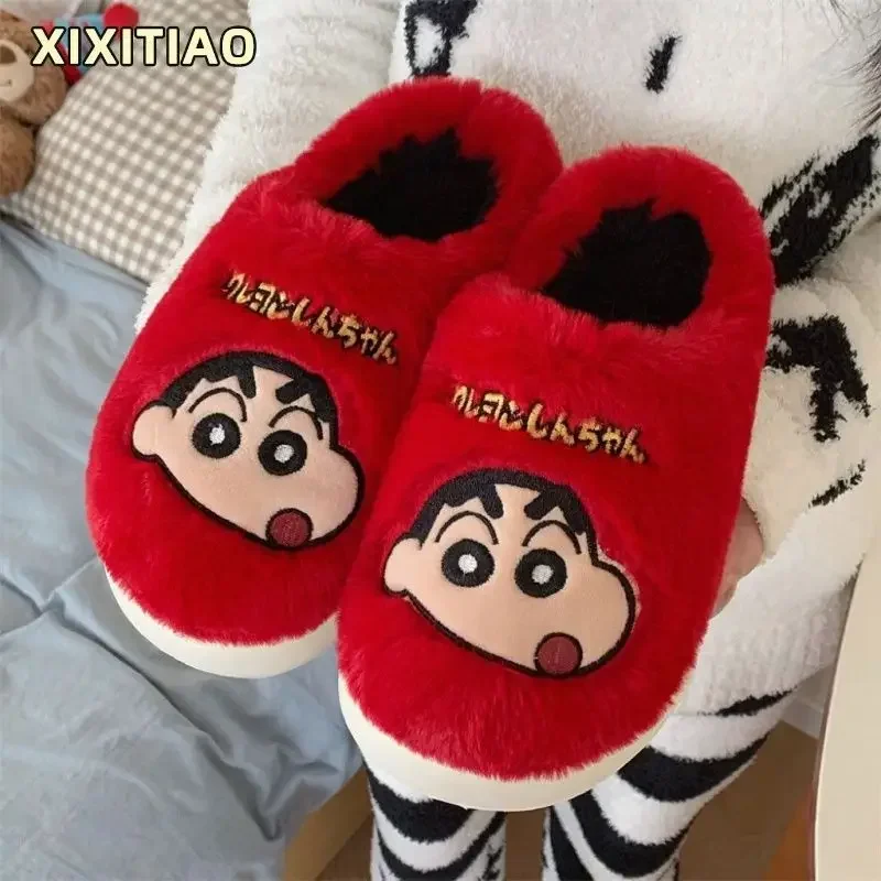 Cartoon anime Crayon Shin Chan plush slippers Girls\' winter home indoor warm cotton shoes men women lovers Wear non slip outside