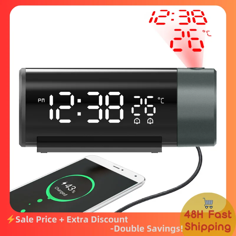 

Smart Projection Alarm Clock with 180° Rotatable Ceiling Display, Dual Alarms, Snooze, Temperature Monitor, 4-Level Dimmer